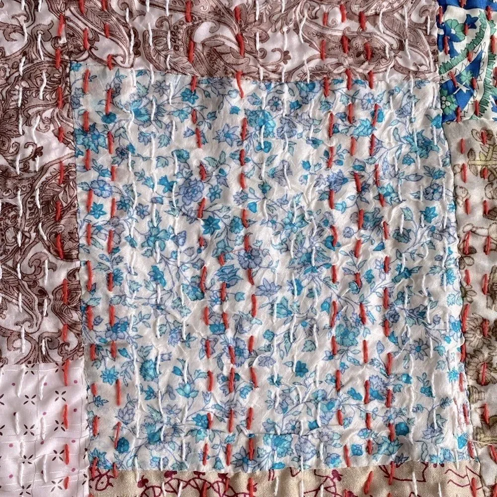 Kantha Silk Blend Throw Blanket Patchwork Quilt Multicolor  66” x 86”